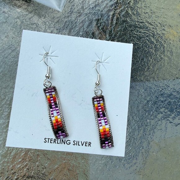 Navajo Handmade Sterling Silver Beaded Dangle Earrings Lucille Romone gift NWT - Picture 3 of 6